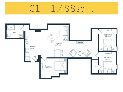 Floor plan for 3 beds, 1 bath, 1642 sqft